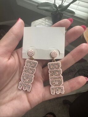 Pink Beaded Dangle 'BRIDE' Earrings